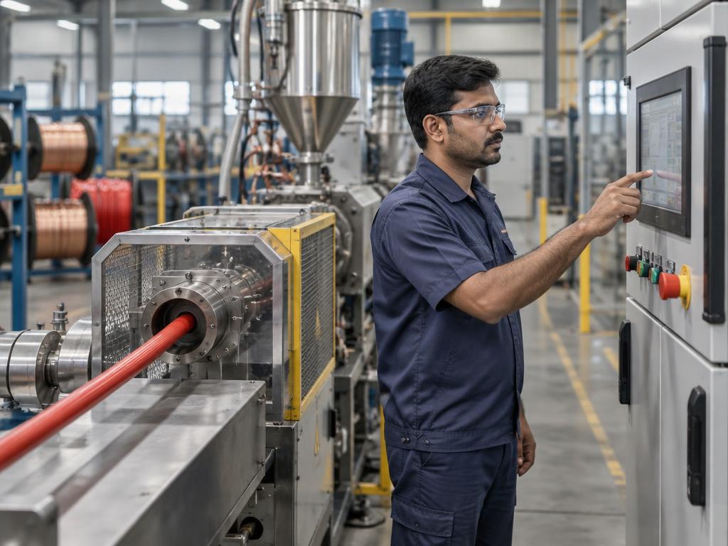 Illustrative Indian operator carefully checking a cable extrusion control panel