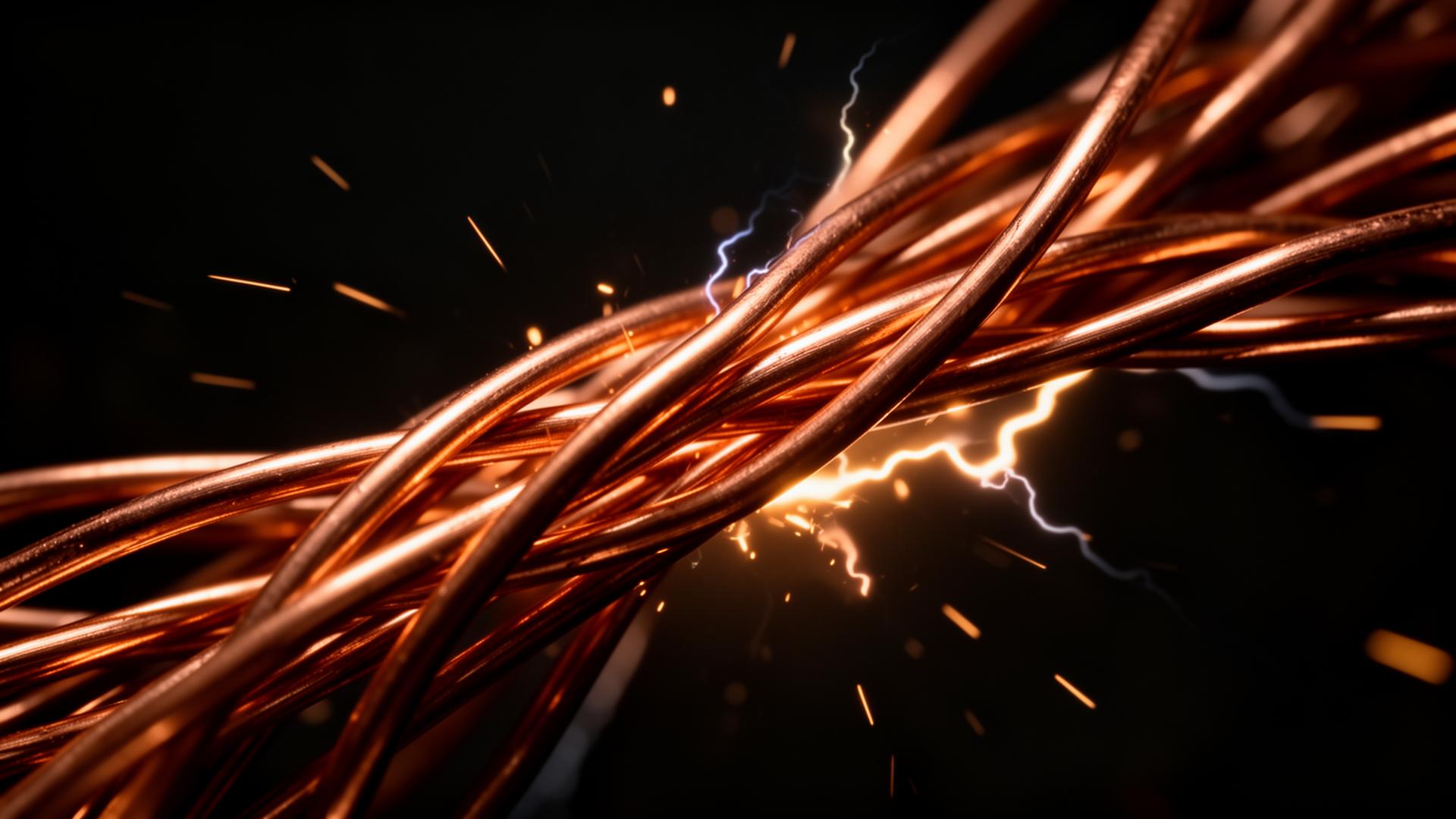 Glowing copper wire strands with electrical sparks